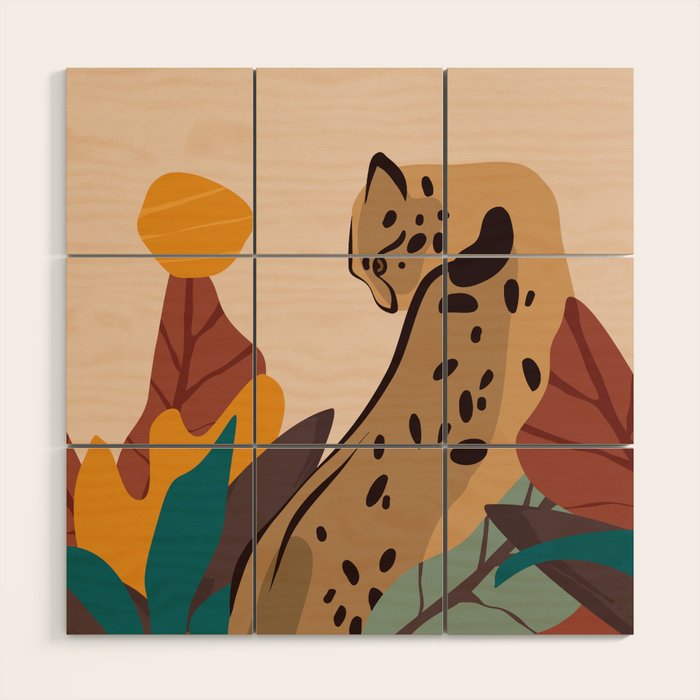 Jungle Leopard with Tropical Leaves in Earthy Colors Wood Wall Art Gallery Image 1