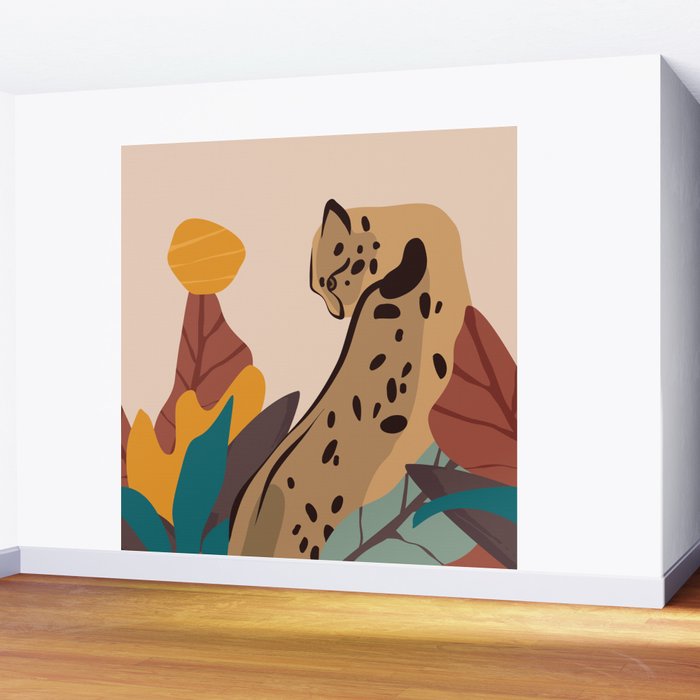 Jungle Leopard with Tropical Leaves in Earthy Colors Wall Mural Gallery Image 2