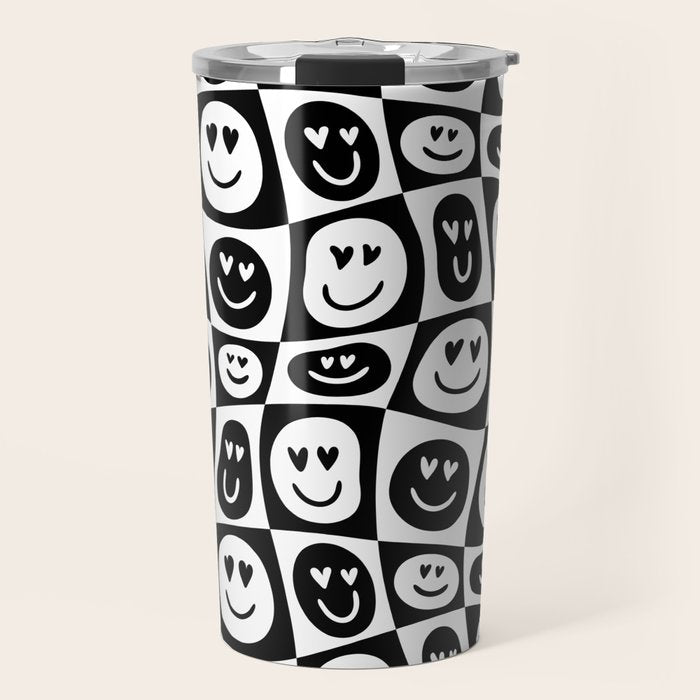 Black and white checkered love face pattern Travel Mug Gallery Image 1