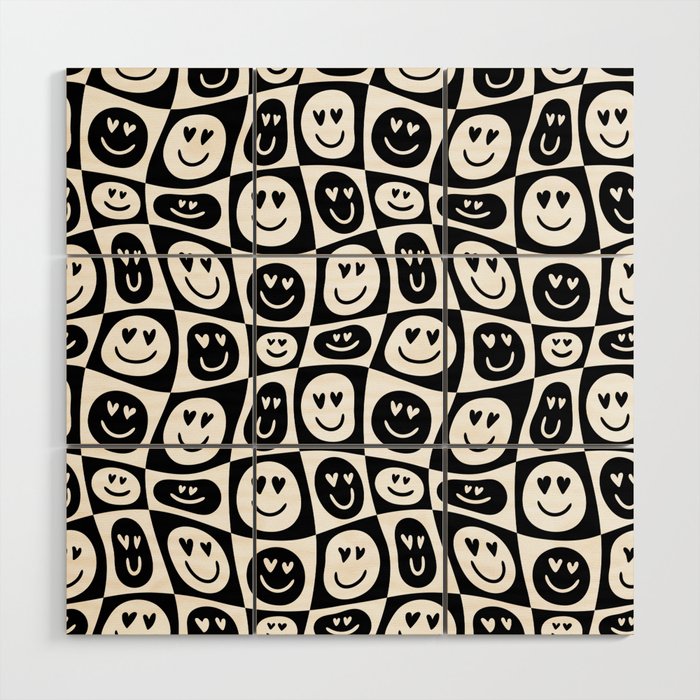 Black and white checkered love face pattern Wood Wall Art Gallery Image 1