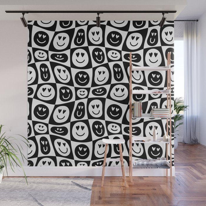 Black and white checkered love face pattern Wall Mural Gallery Image 1
