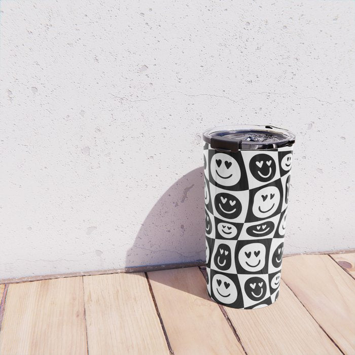 Black and white checkered love face pattern Travel Mug Gallery Image 4