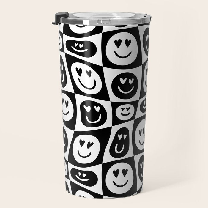Black and white checkered love face pattern Travel Mug Gallery Image 3