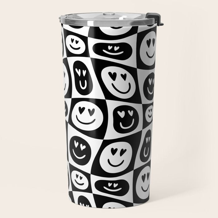 Black and white checkered love face pattern Travel Mug Gallery Image 2
