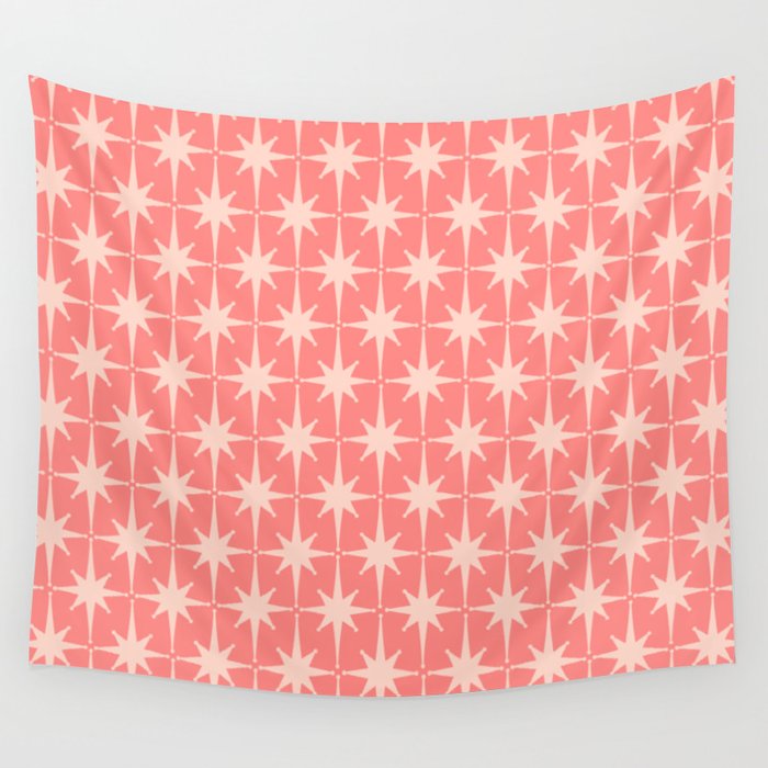 Midcentury Modern Atomic Starburst Pattern in Pretty Pink and Light Blush Wall Tapestry Gallery Image 4