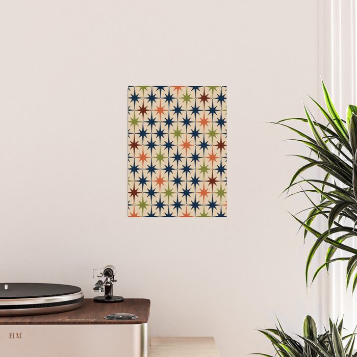 Atomic Age Retro Midcentury Geometric Starburst Pattern Mid Mod Lime Navy Maroon Orange Beige Poster Gallery Image 2