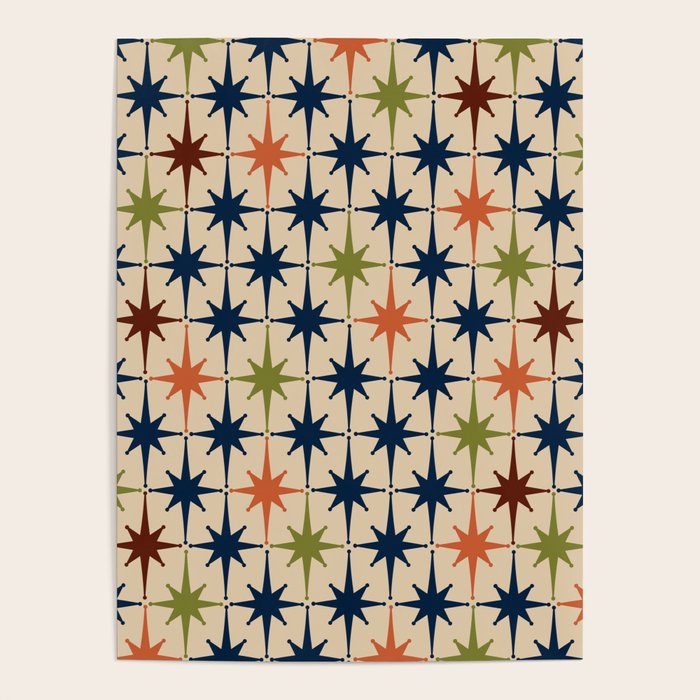Atomic Age Retro Midcentury Geometric Starburst Pattern Mid Mod Lime Navy Maroon Orange Beige Poster Gallery Image 4