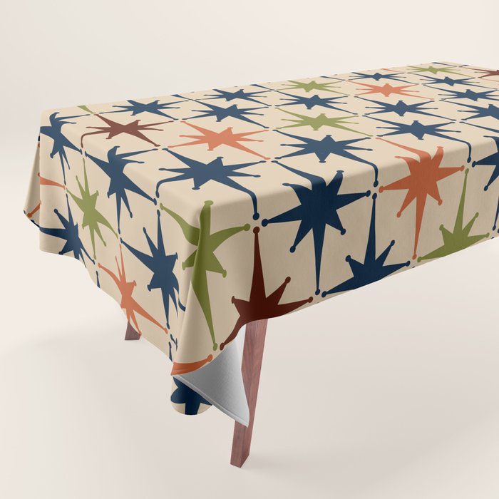 Atomic Age Retro Midcentury Geometric Starburst Pattern Mid Mod Lime Navy Maroon Orange Beige Tablecloth Gallery Image 1