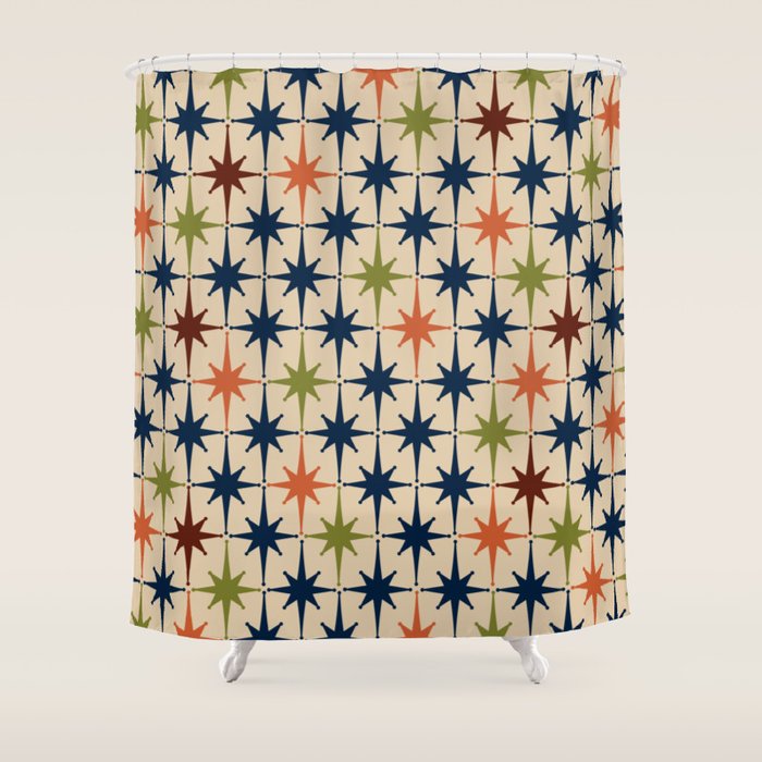 Atomic Age Retro Midcentury Geometric Starburst Pattern Mid Mod Lime Navy Maroon Orange Beige Shower Curtain Gallery Image 1