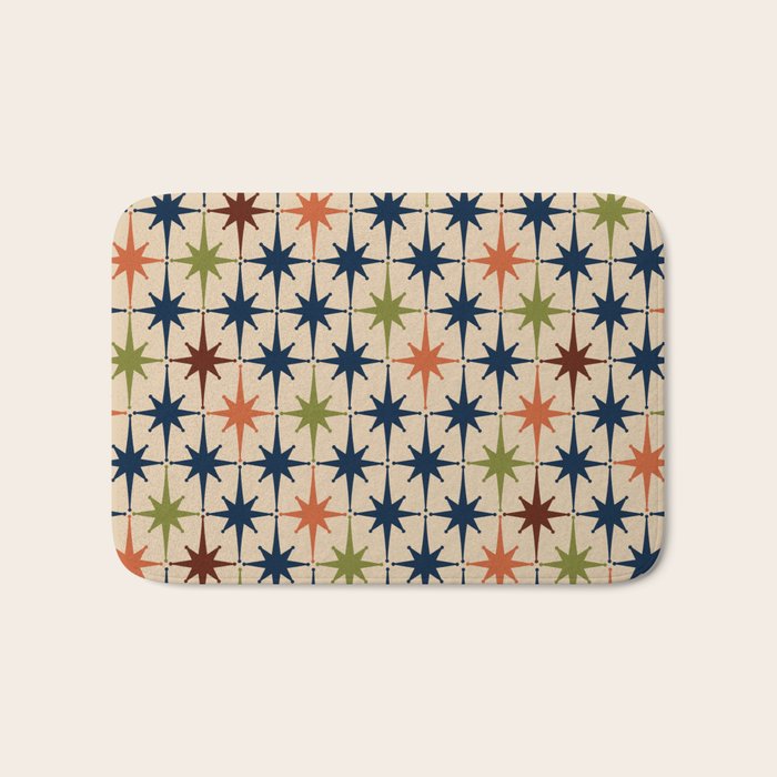 Atomic Age Retro Midcentury Geometric Starburst Pattern Mid Mod Lime Navy Maroon Orange Beige Bath Mat Gallery Image 1