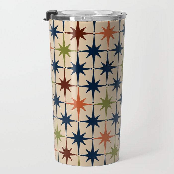Atomic Age Retro Midcentury Geometric Starburst Pattern Mid Mod Lime Navy Maroon Orange Beige Travel Mug Gallery Image 3