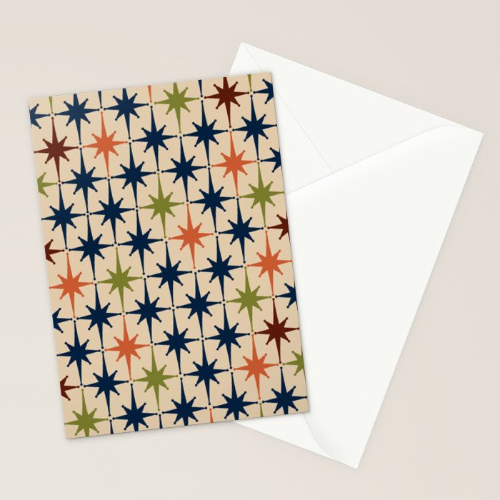Atomic Age Retro Midcentury Geometric Starburst Pattern Mid Mod Lime Navy Maroon Orange Beige Stationery Card Gallery Image 2