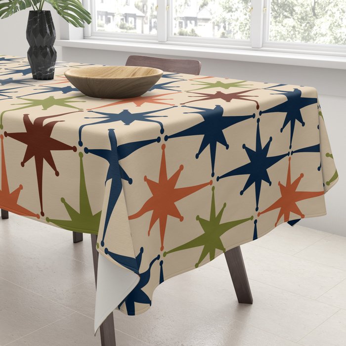 Atomic Age Retro Midcentury Geometric Starburst Pattern Mid Mod Lime Navy Maroon Orange Beige Tablecloth Gallery Image 3