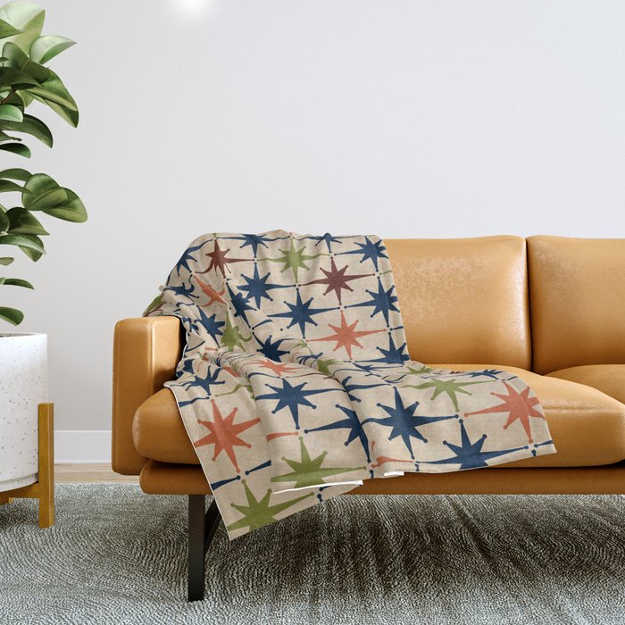 Atomic Age Retro Midcentury Geometric Starburst Pattern Mid Mod Lime Navy Maroon Orange Beige Throw Blanket Gallery Image 1