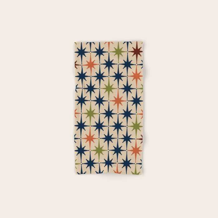 Atomic Age Retro Midcentury Geometric Starburst Pattern Mid Mod Lime Navy Maroon Orange Beige Bath Towel Gallery Image 1