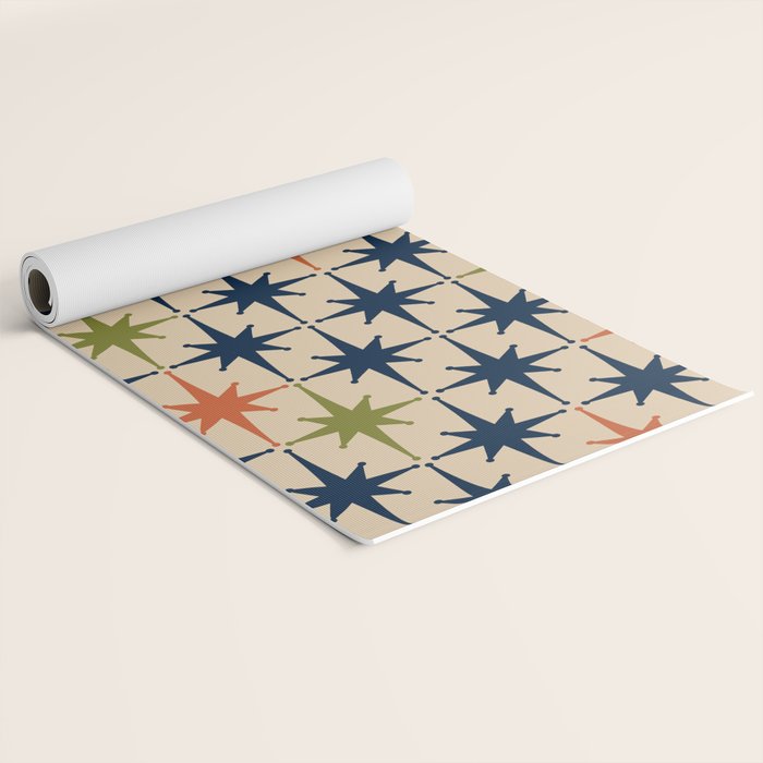 Atomic Age Retro Midcentury Geometric Starburst Pattern Mid Mod Lime Navy Maroon Orange Beige Yoga Mat Gallery Image 2
