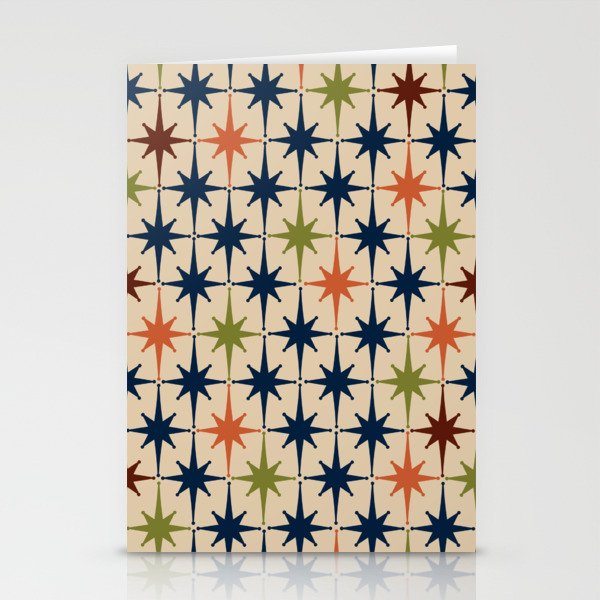 Atomic Age Retro Midcentury Geometric Starburst Pattern Mid Mod Lime Navy Maroon Orange Beige Stationery Card Gallery Image 1
