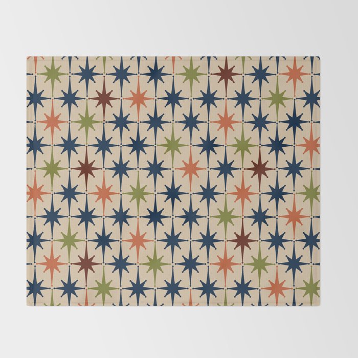 Atomic Age Retro Midcentury Geometric Starburst Pattern Mid Mod Lime Navy Maroon Orange Beige Throw Blanket Gallery Image 2