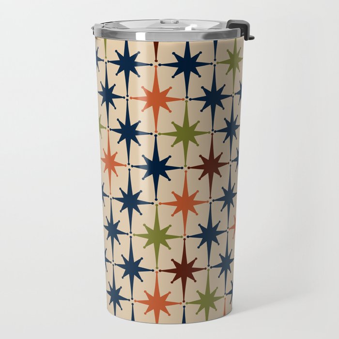 Atomic Age Retro Midcentury Geometric Starburst Pattern Mid Mod Lime Navy Maroon Orange Beige Travel Mug Gallery Image 2