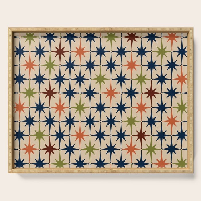 Atomic Age Retro Midcentury Geometric Starburst Pattern Mid Mod Lime Navy Maroon Orange Beige Serving Tray Gallery Image 1