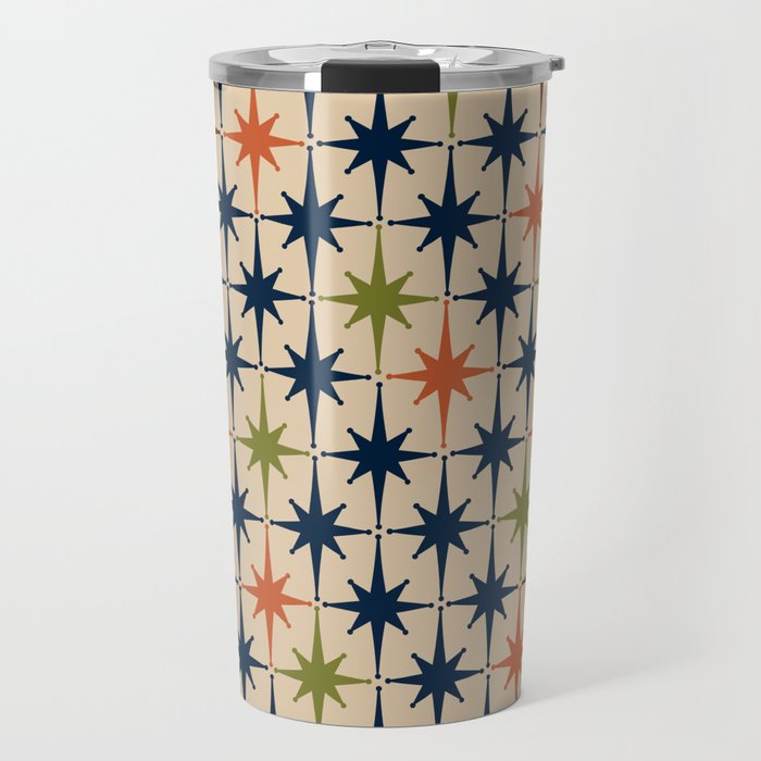 Atomic Age Retro Midcentury Geometric Starburst Pattern Mid Mod Lime Navy Maroon Orange Beige Travel Mug Gallery Image 1