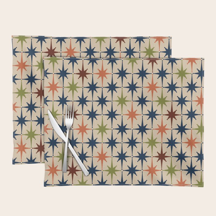 Atomic Age Retro Midcentury Geometric Starburst Pattern Mid Mod Lime Navy Maroon Orange Beige Placemat Gallery Image 1