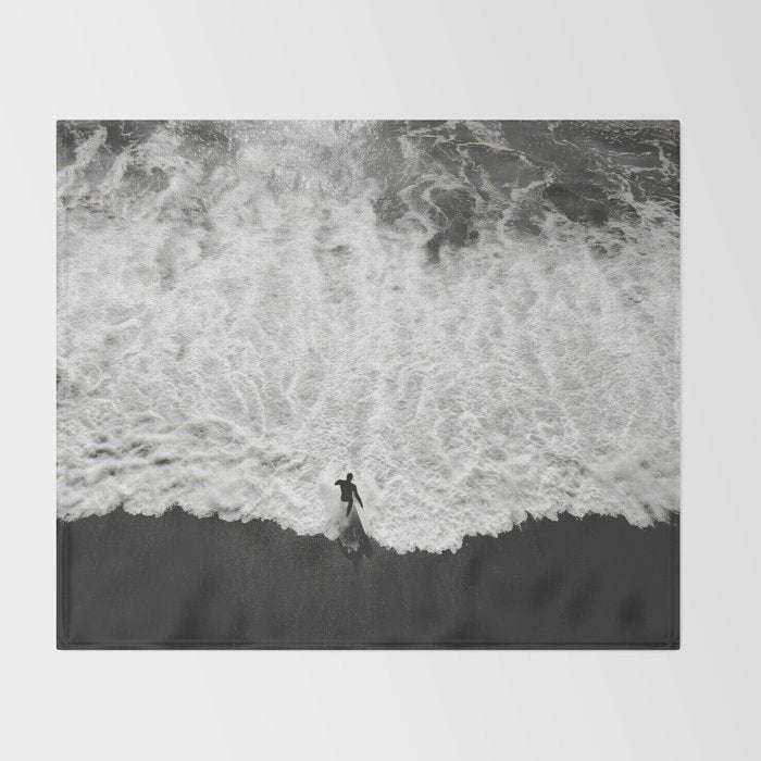Surfer and Shore - Aerial Ocean Fine Art Print Throw Blanket Gallery Image 2