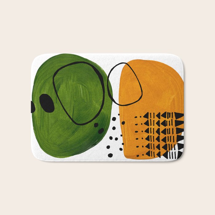 Modern Mid Century Fun Colorful Abstract Minimalist Painting Olive Green Yellow Ochre Buns Bath Mat Gallery Image 1