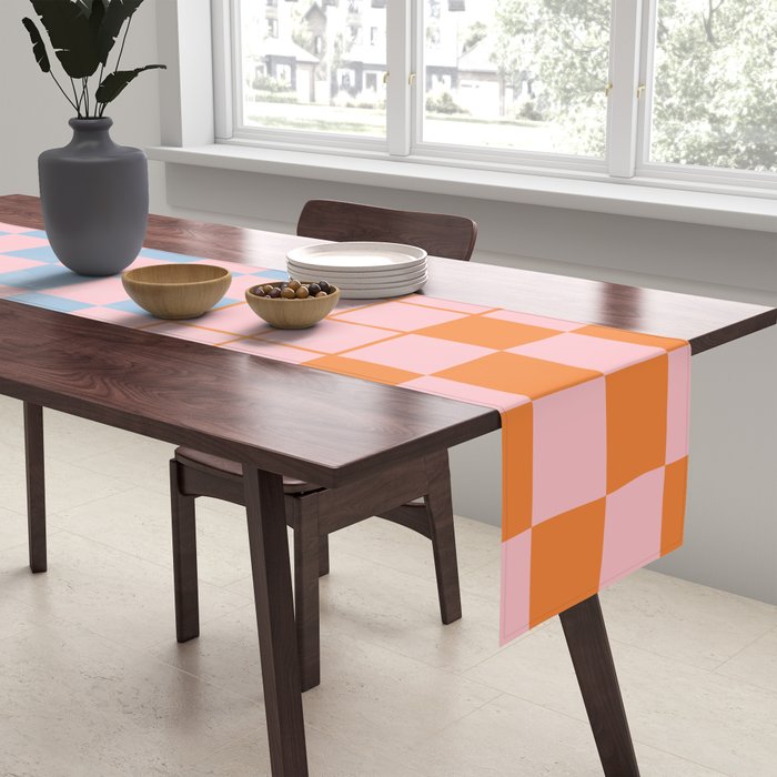 Checkered Triplet Mixed Check Pattern in Pastel Pink and Light Orange Table Runner Gallery Image 2