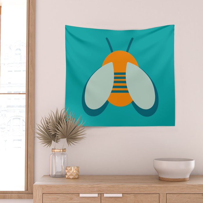 Lucky Bee - Cute Retro Minimalism in Orange and Turquoise Wall Tapestry Gallery Image 2