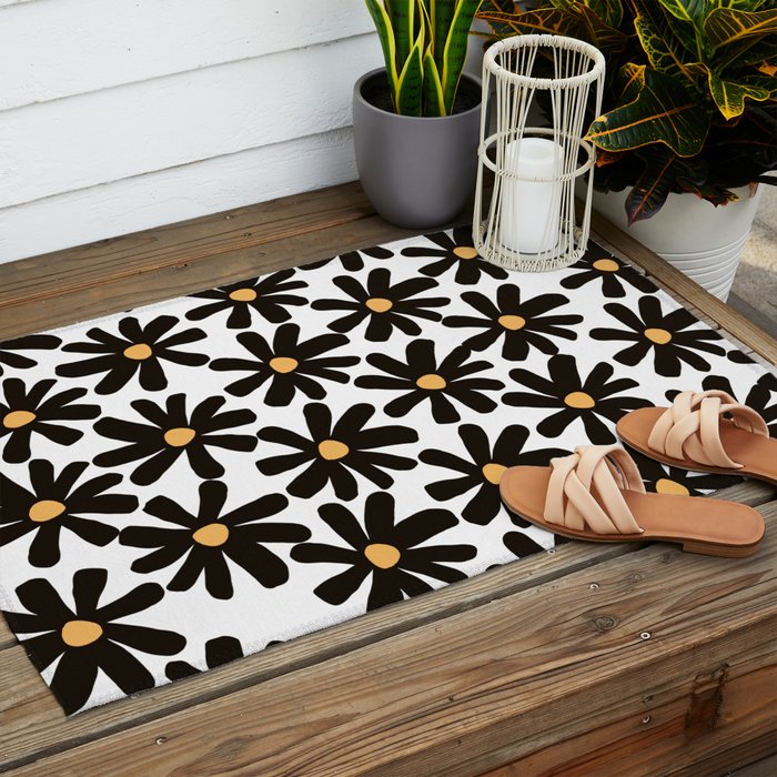 Retro modern black daisies  Outdoor Rug Gallery Image 2
