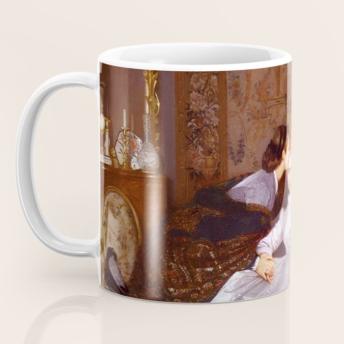 The Reluctant Bride | The Hesitant Fiancee still life female portrait painting by Auguste Toulmouche Coffee Mug Gallery Image 3