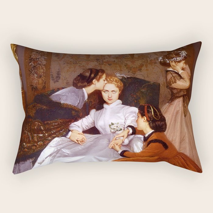 The Reluctant Bride | The Hesitant Fiancee still life female portrait painting by Auguste Toulmouche Rectangular Pillow Gallery Image 1