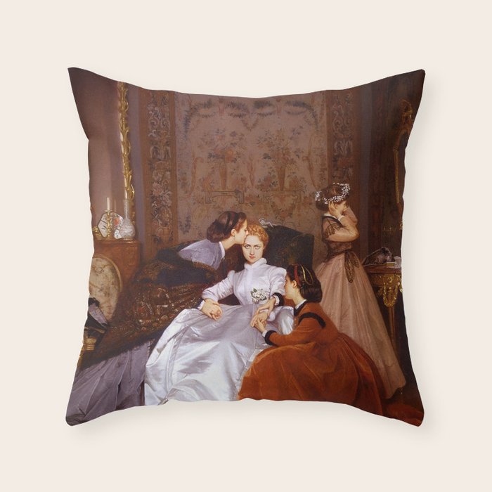 The Reluctant Bride | The Hesitant Fiancee still life female portrait painting by Auguste Toulmouche Throw Pillow Gallery Image 1