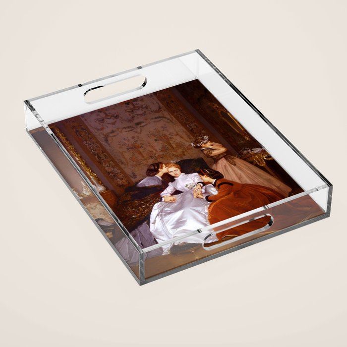 The Reluctant Bride | The Hesitant Fiancee still life female portrait painting by Auguste Toulmouche Acrylic Tray Gallery Image 1