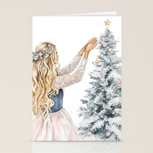 Blonde Putting on Christmas Ornaments Watercolor Stationery Card Gallery Image 2