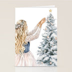 Blonde Putting on Christmas Ornaments Watercolor Stationery Card Gallery Image 2