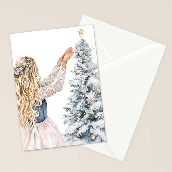 Blonde Putting on Christmas Ornaments Watercolor Stationery Card Gallery Image 2