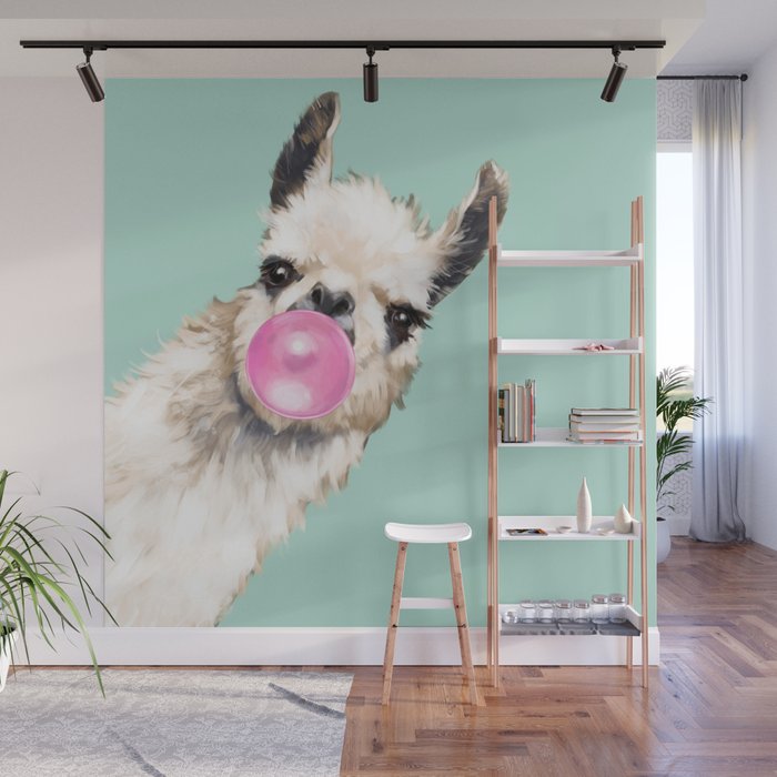 Bubble Gum Sneaky Llama in Green Wall Mural Gallery Image 1
