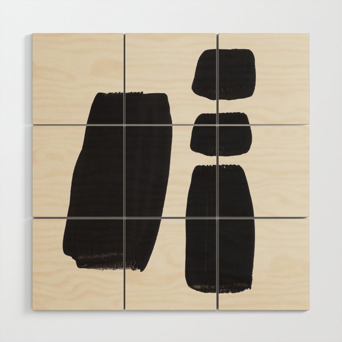 Mid Century Modern Minimalist Abstract Art Brush Strokes Black & White Ink Art Square Shapes Wood Wall Art Gallery Image 1