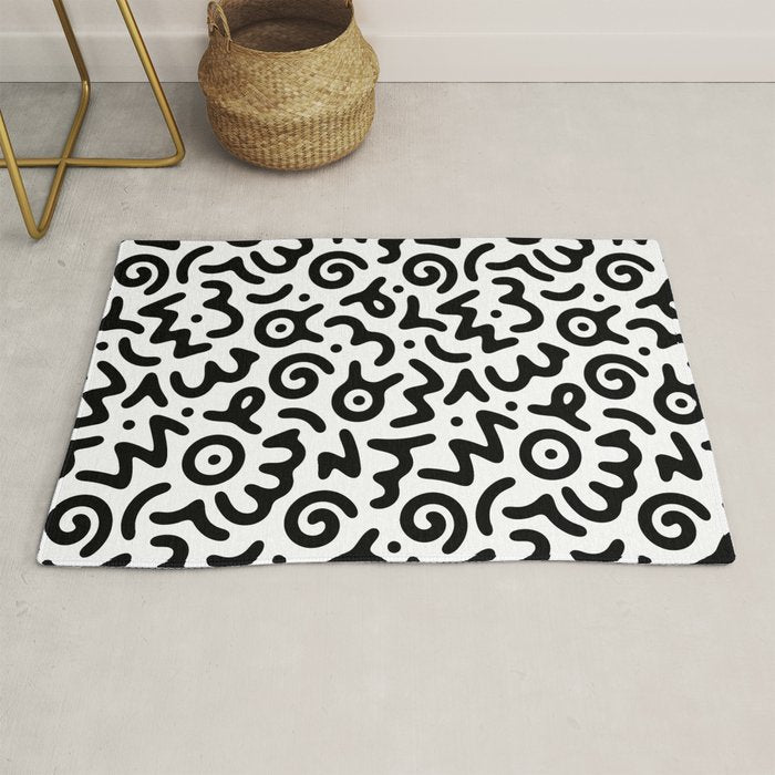 Fun black and white doodle symbol art pattern Rug Gallery Image 1