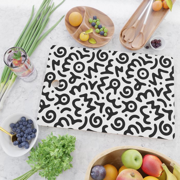 Fun black and white doodle symbol art pattern Cutting Board Gallery Image 2