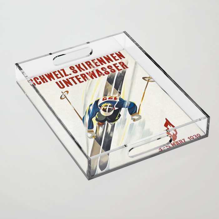 Switzerland Vintage Ski Poster. Acrylic Tray Gallery Image 1