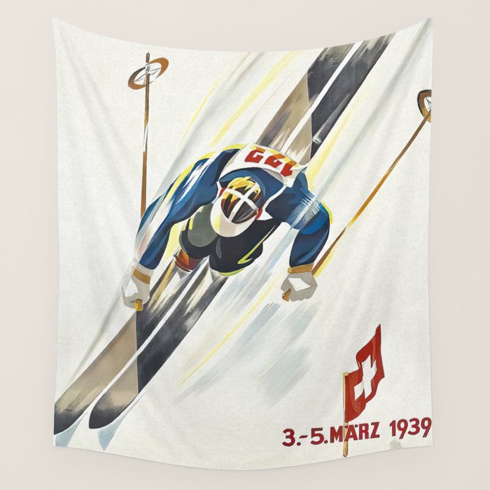 Switzerland Vintage Ski Poster. Wall Tapestry Gallery Image 1