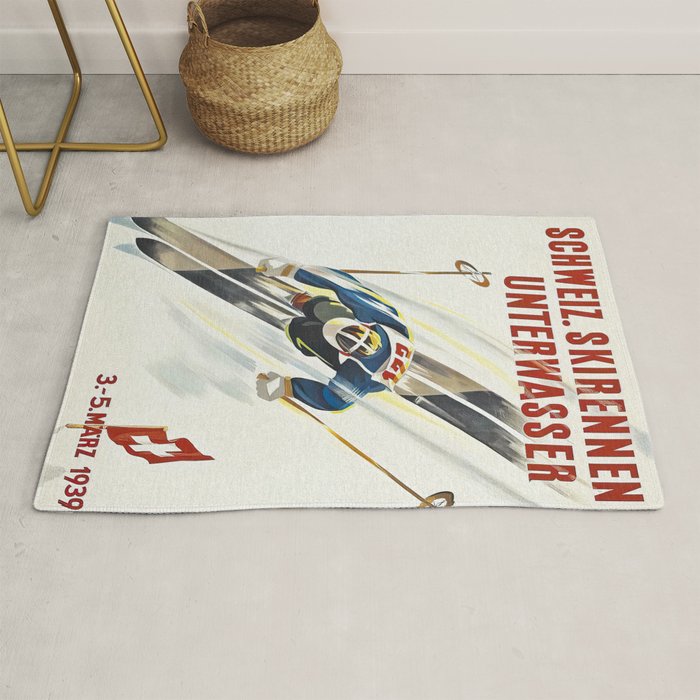 Switzerland Vintage Ski Poster. Rug Gallery Image 1