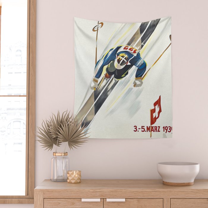 Switzerland Vintage Ski Poster. Wall Tapestry Gallery Image 2