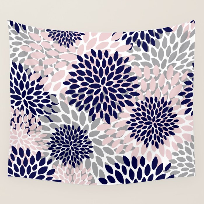 Abstract, Floral Prints, Navy Blue, Grey and Pink Wall Tapestry Gallery Image 4