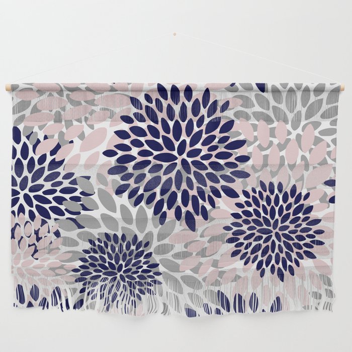 Abstract, Floral Prints, Navy Blue, Grey and Pink Wall Hanging Gallery Image 1