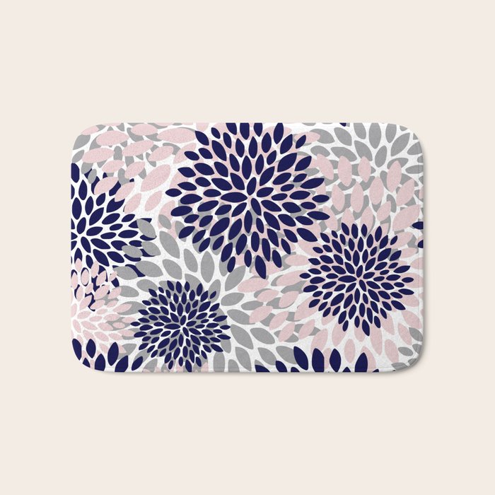 Abstract, Floral Prints, Navy Blue, Grey and Pink Bath Mat Gallery Image 1