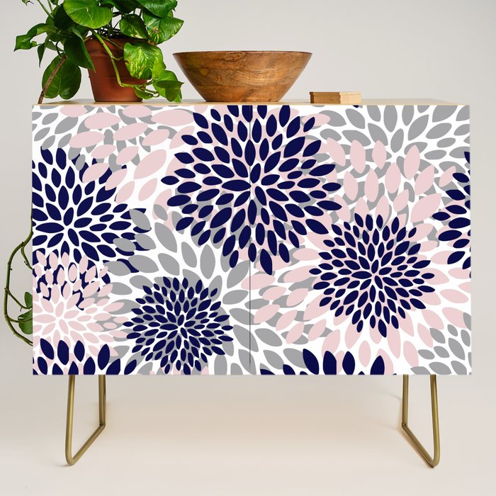 Abstract, Floral Prints, Navy Blue, Grey and Pink Credenza Gallery Image 1